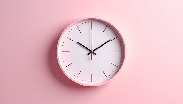 Round clock, pale face, pink frame on matching backdrop