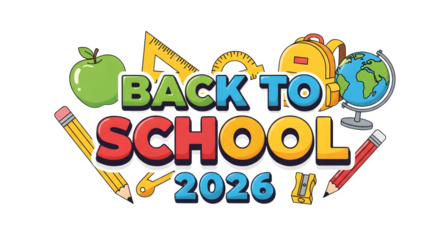 Back to school 2026 concept with various colorful school items