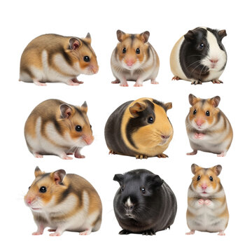 Nine hamsters and guinea pigs on black isolated on a transparent background rodent