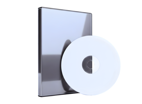 Shiny silver cd or dvd case with disc isolated on transparent background