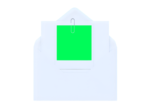 Open white envelope with paper and green screen isolated on transparent background