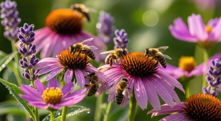 Honeybees collecting pollen on vibrant echinacea flowers, a beautiful summer floral background scene