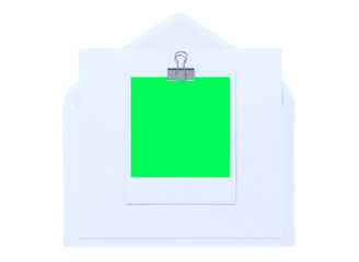 White envelope with a green screen photo attached by a clip isolated on transparent background