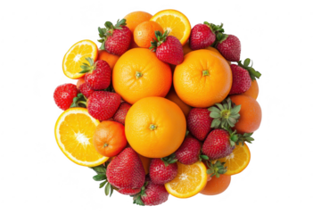 A arrangement of oranges and strawberries in a circular composition. fresh fruits against a clean white background. perfect for health and nutrition themes