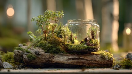 Miniature Forest Ecosystem in Glass Jar, Mossy Log, Soft Lighting, Serene Scene.