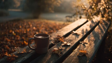 Warm Mug on a Rustic Bench Amidst Golden Autumn Leaves and Soft Light.