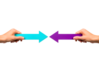 Two hands holding arrows pointing towards each other, isolated on transparent background