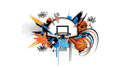 A basketball hoop and ball amidst graffiti and paint splatters © Rohim