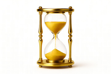 Golden hourglass with sand running through it isolated on white background, symbolizing the passage of time and deadlines
