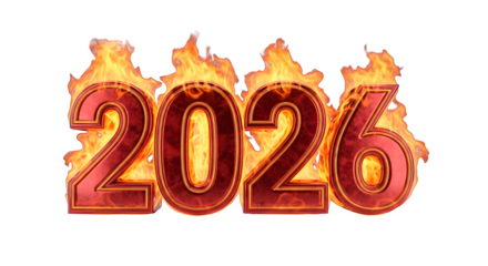Dynamic 2026 text with vibrant red and orange burning flames