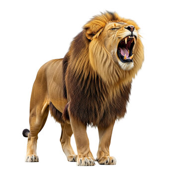 Male lion roaring showing sharp teeth and mane isolated on a transparent background