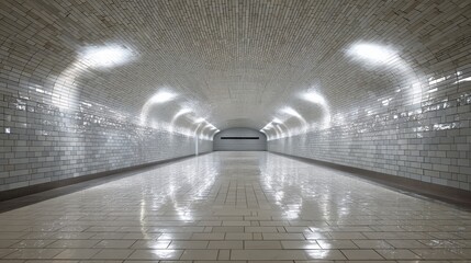 Symmetrical Tiled Tunnels Reflective Path - Bright Lights, Polished Floor, Urban Modernity.