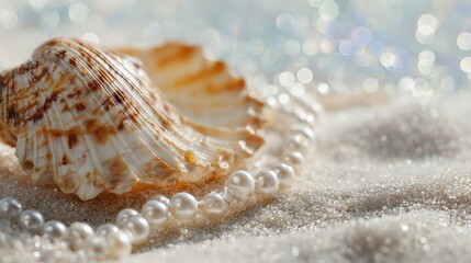 Elegant Seashell and Lustrous Pearls on Sparkling Sand with Dreamy Bokeh.