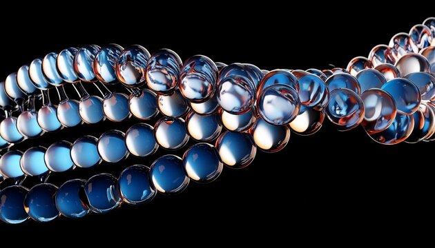 Neon glass spiral line of transparent round balls with blue brown gradient on black background. Abstract curve wave pattern. Futuristic DNA structure for science and technology design. 3D illustration