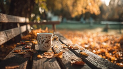 Cozy Autumn Morning - Ceramic Cup of Warm Beverage on Rustic Wooden Bench Amidst Fallen Golden Leaves.