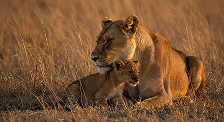 Lioness gently embraces her cub in a grassy field, bathed in warm sunlight.