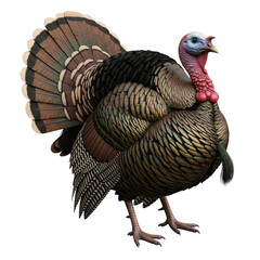 Male turkey displaying fanned tail feathers isolated on a transparent background