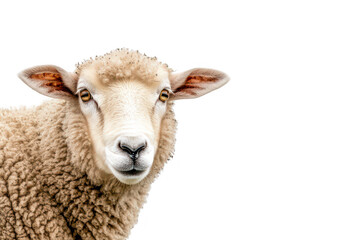 A close-up portrait of a fluffy sheep with a soft. textured fleece. gazing curiously at the camera against a bright white background. ideal for agricultural or nature-themed projects
