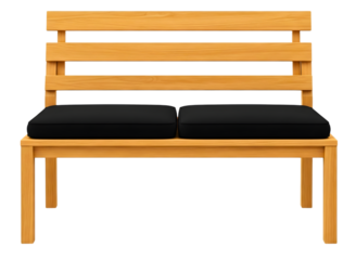 Wooden park bench with black cushions isolated on transparent background