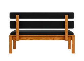 Modern wooden bench with black seat and back, isolated on transparent background