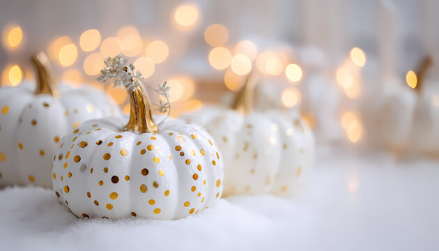 Elegant White and Gold Polka Dot Pumpkins on Snowy Holiday Background - Powered by Adobe