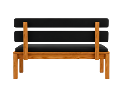 Modern wooden bench with black seat and back, isolated on transparent background