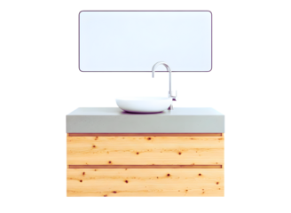 Modern wooden vanity with sink and mirror isolated on transparent background