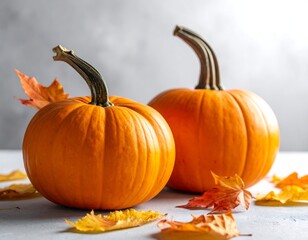 Two vibrant pumpkins sit on a textured surface, accompanied by colorful fallen leaves. The lighting highlights their shape and textures