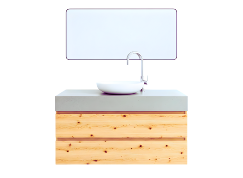 Modern wooden vanity with sink and mirror isolated on transparent background