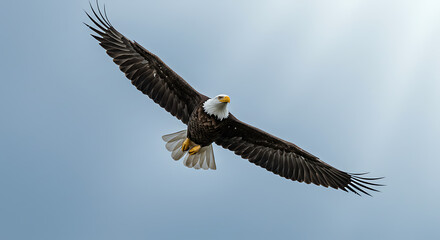 Fototapeta premium Majestic bald eagle soaring gracefully through the clear, bright, blue sky.
