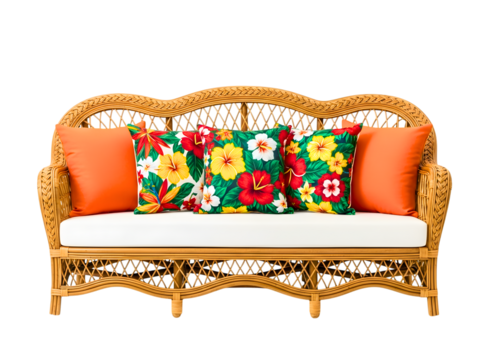 Wicker sofa with colorful floral pillows isolated on transparent background