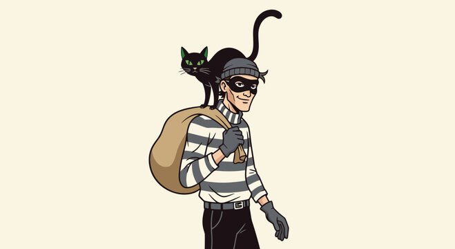 Cartoon burglar with sack and black cat perched on shoulder, sneaky mischief