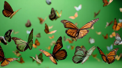A vibrant display of colorful butterflies fluttering against a lush green background, showcasing nature's beauty.