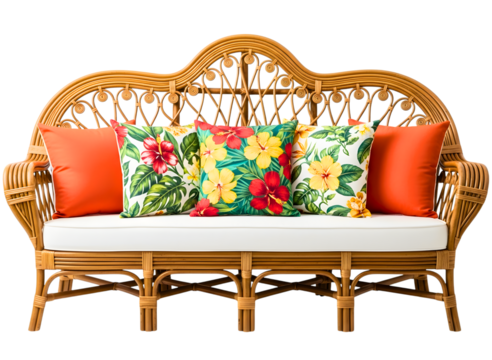 Wicker sofa with tropical floral cushions isolated on transparent background