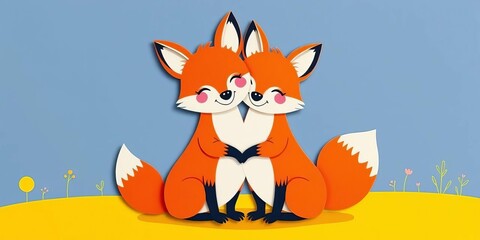 Obraz premium Two cheerful cartoon foxes hugging, vibrant paper cut style, whimsical, hug