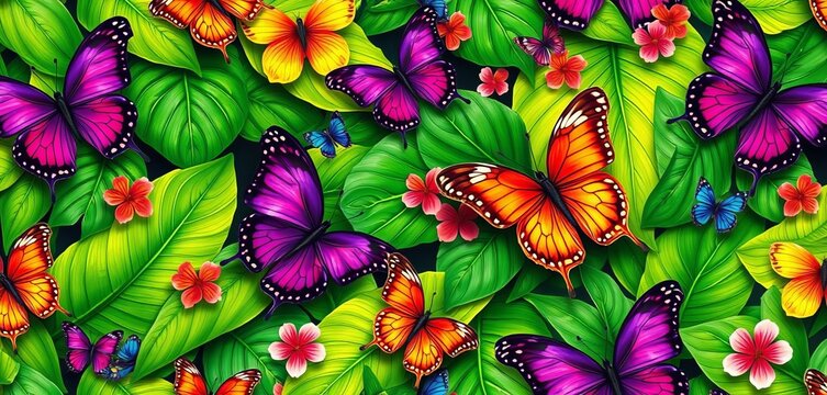 Vibrant butterflies and lush green leaves in a seamless tropical pattern, green, artwork - Powered by Adobe