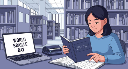 Celebrating World Braille Day with woman reading braille book in the library