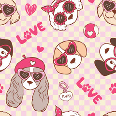Valentine Dog Faces Seamless Pattern, Groovy Valentine Dogs Digital Paper, Trendy Hippie Puppy Lover Fabric Design Vector