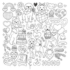 Valentine Dogs Collection Outline Vector, Groovy Valentine Dogs Line Art Doodle, Kawaii Puppy Coloring Page Hand Drawn Design