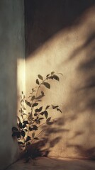 Delicate Plant Silhouette Bathed in Dramatic, Moody Golden Hour Light Against Textured Wall.