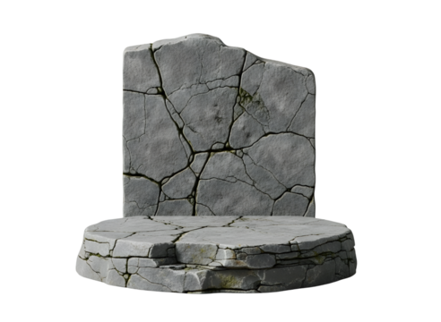 Cracked stone podium and backdrop isolated on transparent background