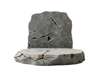 Cracked stone pedestal and backdrop isolated on transparent background