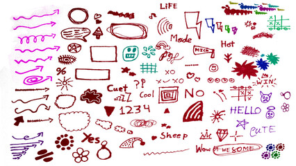 Blue pen scribble and doodle collection. Blue pen lines, arrows and scribbles at grid notebook background. Crayon drawn note doodles for hand drawn diagram, infographic and journaling.	