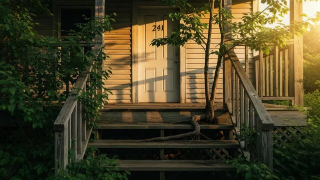 Old wooden building with multiple doors and porches. Overgrown green foliage surrounds the rustic structure. Golden hour sunlight illuminates the weathered facade