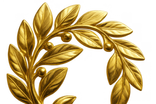 Golden laurel wreath representing victory, success, achievement, and honor, isolated on transparent background