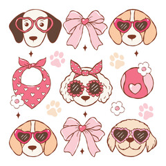 Valentine Dogs Faces Collection Vector, Groovy Valentine Dogs Doodle, Kawaii Puppy Hand Drawn Design Vector