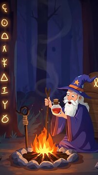 Wizard Brewing Potion by Campfire in Dark Forest
