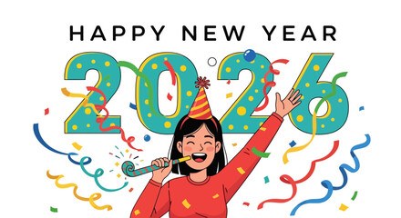 Joyful New Year 2026 celebration with confetti and party favors galore