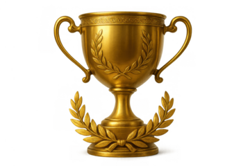 Golden trophy with laurel wreath illustrating victory, success, championship, and excellence against transparent background