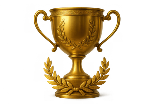 Golden trophy with laurel wreath illustrating victory, success, championship, and excellence against transparent background